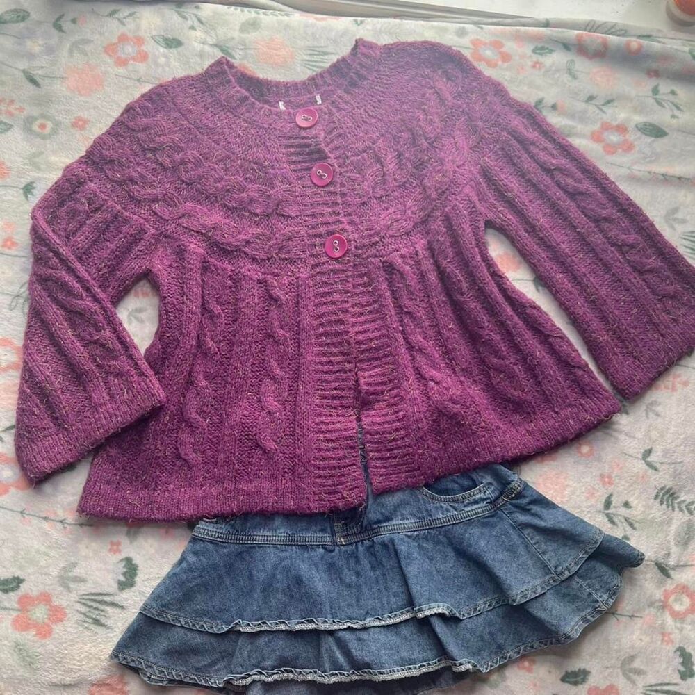 Chunky Knit Wool Babydoll Cardigan XL Flared Whimsigoth Cottage Fairy Mori Kei